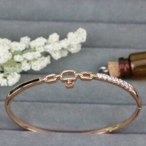 Elegant Rose Gold Bangle with Diamond Accents and Chain Link Charm, XPBL0459